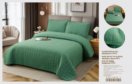 CUVERTURI - Set Premium Cuvertura 4 Piese Si Cearceaf De Pat Cu Elastic - Verde