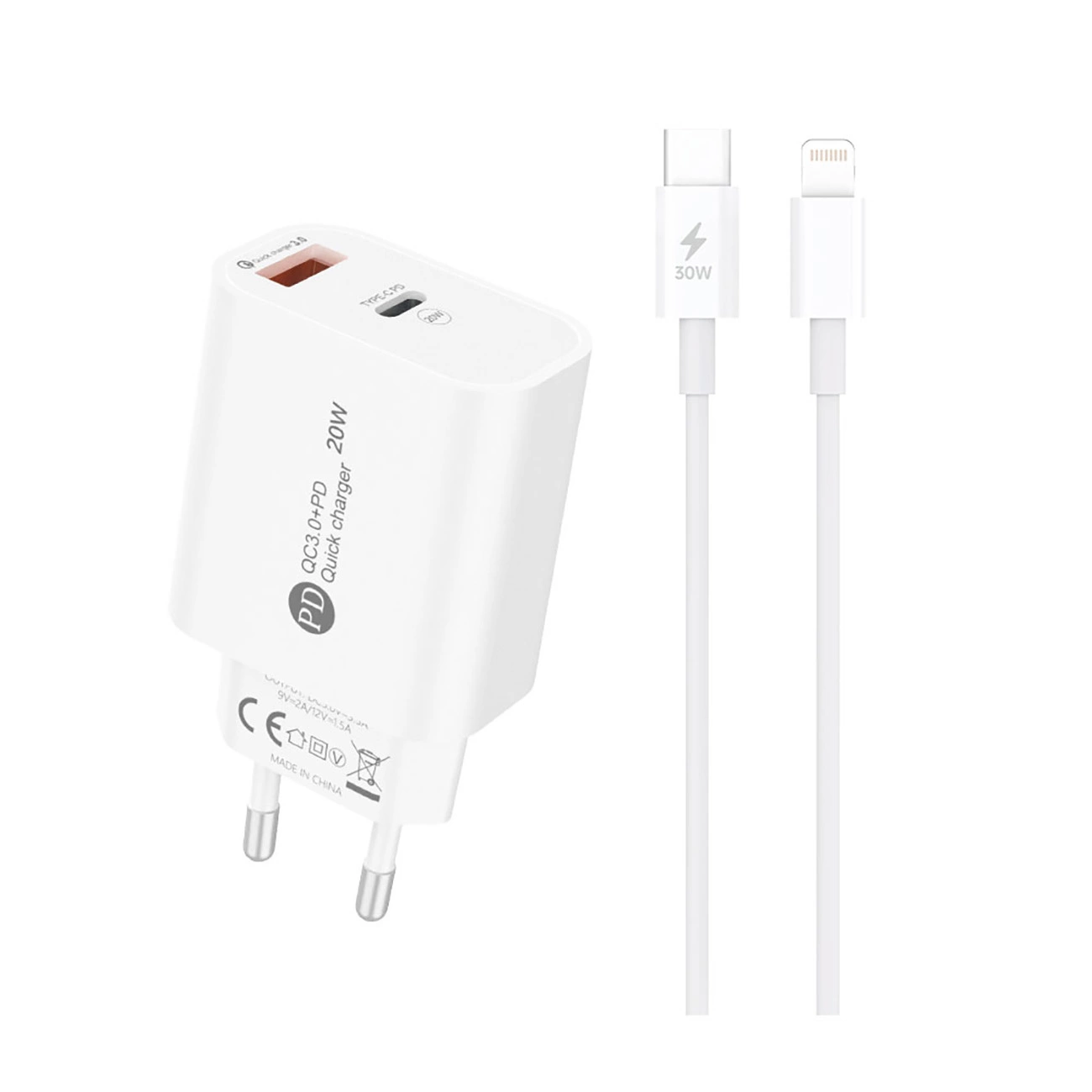 Încărcător de perete A6MaxL 20W USB-A & USB-C cu cablu USB-C – Lightning de 1m – Alb [2]
