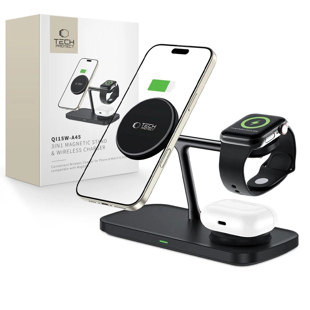 Tech-Protect QI15WA45 Încărcător wireless 3 în 1 cu MagSafe pentru dispozitive Apple – Negru [3]