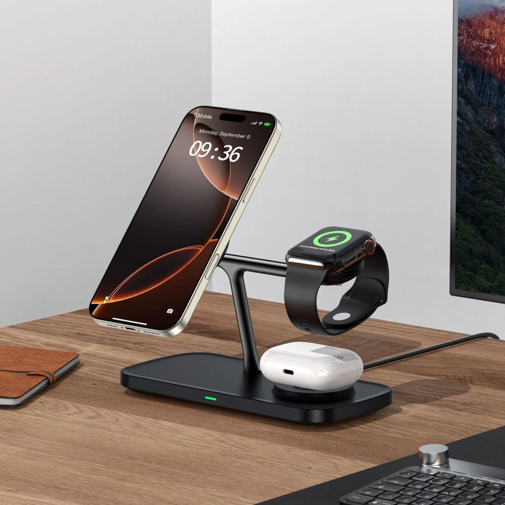 Casti wireless TWS - Tech-Protect QI15WA45 Încărcător wireless 3 în 1 cu MagSafe pentru dispozitive Apple – Negru