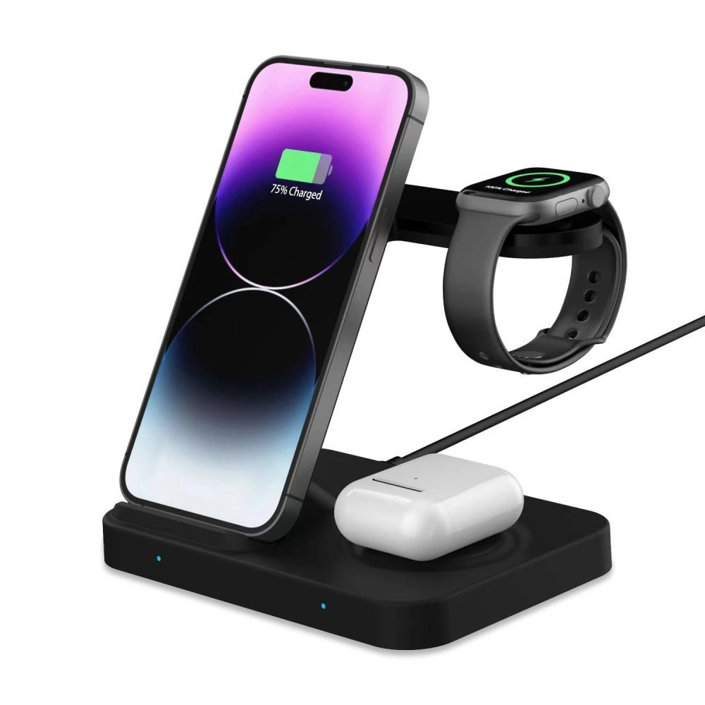 Casti wireless TWS - Încărcător wireless inductiv Tech-Protect QI15W-A37 3in1 15W - Negru