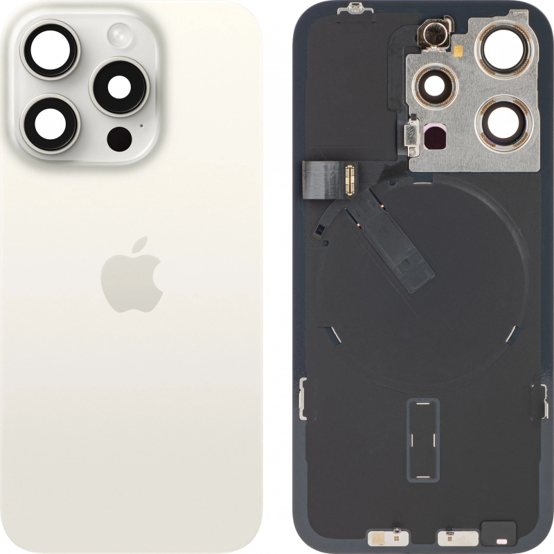 Spate telefon, capac baterie - Spate telefon: Capac baterie Iphone 15 Pro cu Lentile si Magnet, Alb