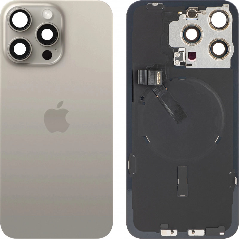Spate telefon, capac baterie - Spate telefon: Capac baterie Iphone 15 Pro cu Lentile si Magnet, Natural
