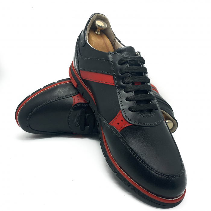 Pantofi Bărbați Sport Din Piele Naturală Neagră Și Roșie 896 [4]