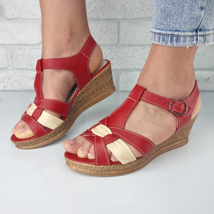 Sandale pentru femei, din piele naturala, culoare ROSU+CREM, COD-1425 [4]
