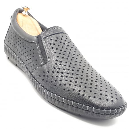 Pantofi Casual Pentru Barbati - Pantofi Bărbați Din Piele Naturală Perforată Neagră 273