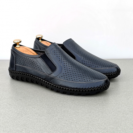 Pantofi Perforati Pentru Barbati - Pantofi Bărbați Din Piele Naturală Perforată Blue 336