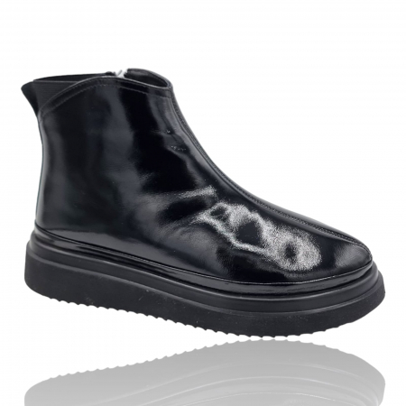 Ghete Casual Pentru Femei - Ghete Damă Casual Din Piele Naturală Neagră Lac 8744