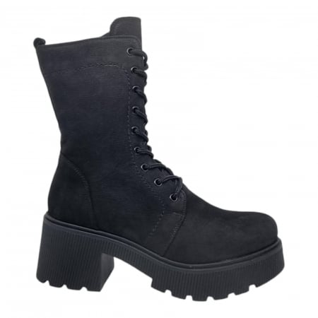Ghete Casual Pentru Femei - Ghete Damă Casual Din Piele Naturală Neagră Velur 8771