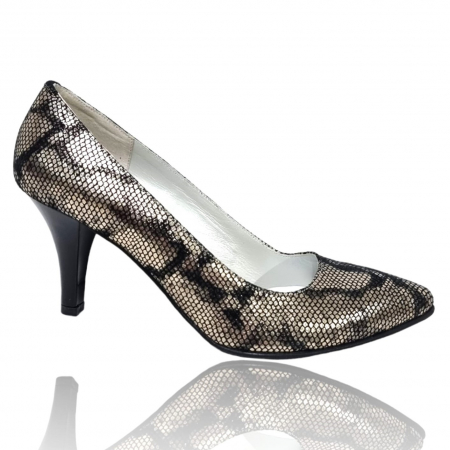 Pantofi cu Toc - Pantofi Damă Eleganți Din Piele Naturală Piton Neagră Aurie 16191