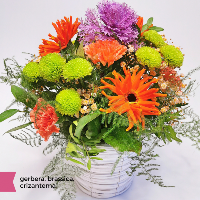 Aranjament floral cu gerbera, brassica, crizantema, florarie Roman [2]