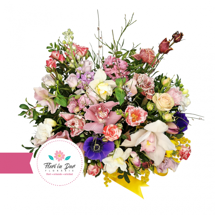 Aranjament cu cimbidium, frezie, lalele, eustoma, anemone, trandafiri livrare flori Roman [2]