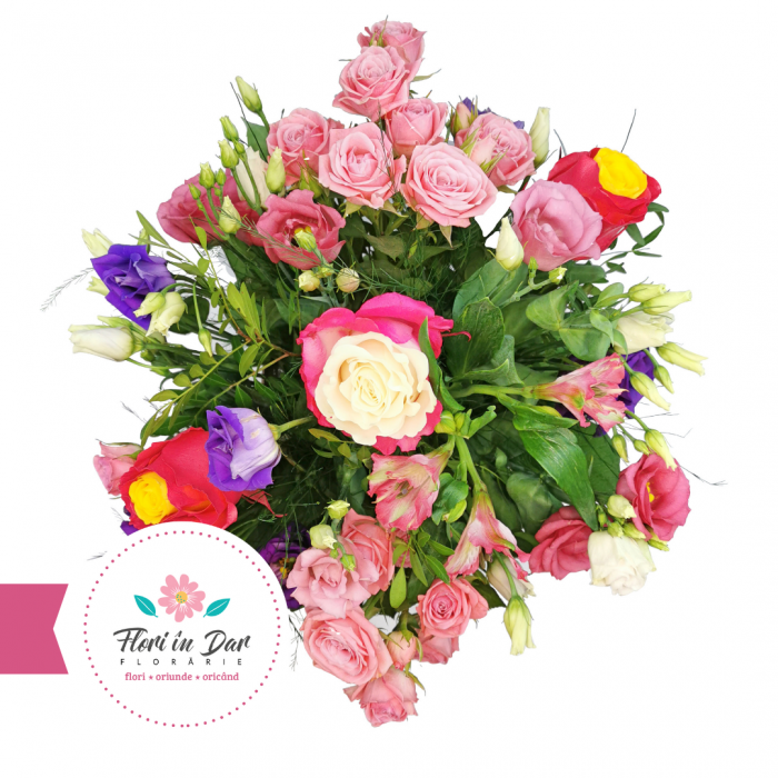 Aranjament cu miniroze, eustoma, alstroemeria, trandafiri floraire cu livrare Roman [2]