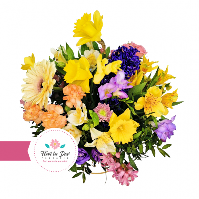 Aranjament cu narcise, frezie, eustoma, alstroemeria, garofita, gerbera florarie cu livrare Roman [2]