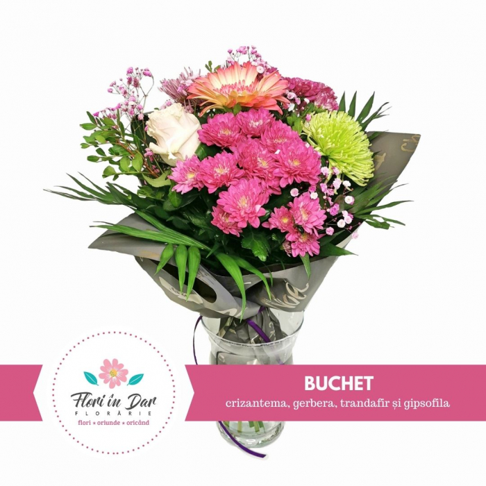 Buchet cu crizantema, gerbera, trandafir și gipsofila [2]