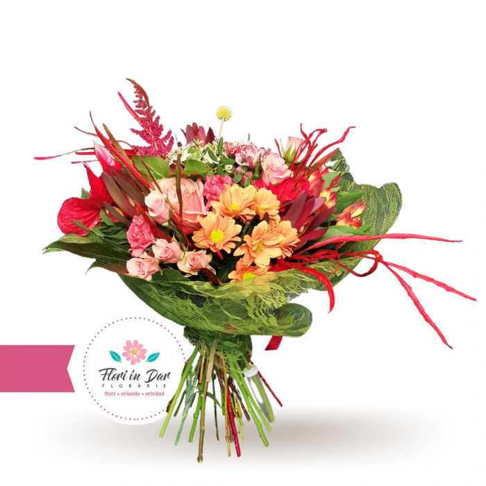 Buchet de toamna cu trandafiri miniroze crizanteme gerbera ornitogalum leucadendron craspedia [2]