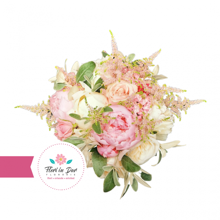 Buchet mireasa cu trandafiri, astilbe, miniroze florarie Flori in Dar Roman [3]