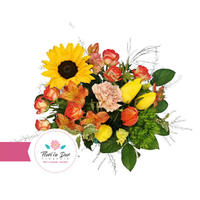 Aranjament cu floarea soarelui, dianthus, lalele, tros livrare flori Roman [2]
