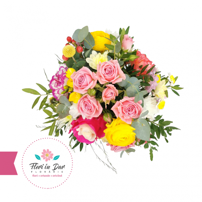 Aranjament cu trandafiri, ranunculus, miniroze, eucalipt floraire Roman [2]