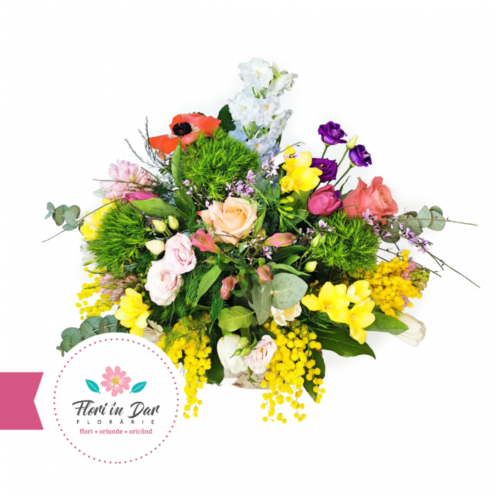 Aranjament de primăvară cu mimosa, lalele, miniroze, eustoma, frezie,  diantus, alstroemeria, eucalipt [2]