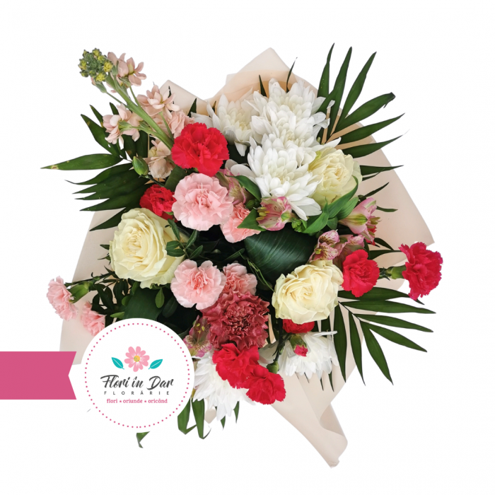 Buchet din mathiola, dianthus, trandafir, crizantema, alstroemeria livrare flori Roman [2]