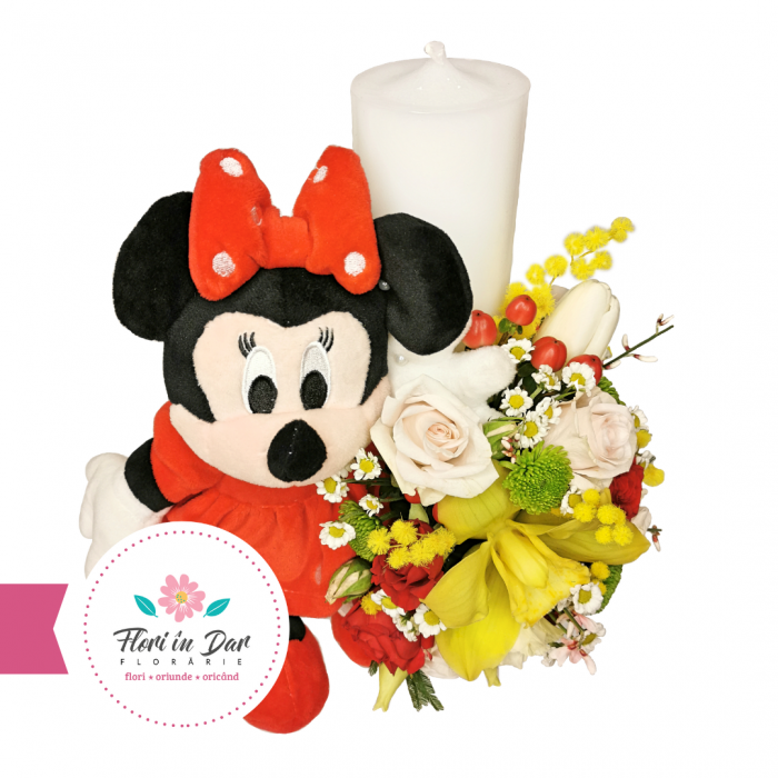 Lumânare botez fete cu cimbidium, miniroze, santine, eustoma florarie Roman [2]