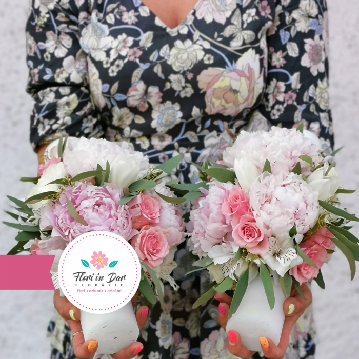 Lumanari cununie cu bujori, lalele, miniroze, astilbe, eucalipt [3]