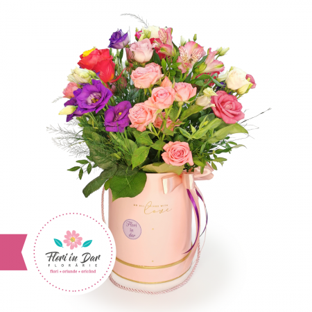 Aranjamente - Aranjament cu miniroze, eustoma, alstroemeria, trandafiri floraire cu livrare Roman