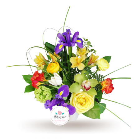 Aranjament elegant in vaza cu cimbidium frezie alstroemeria trandafir iris [1]