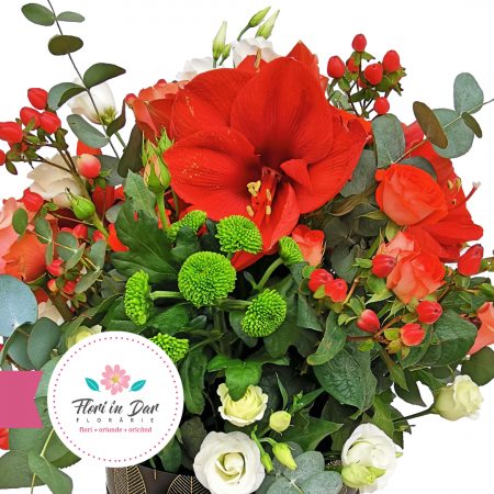Aranjament floral Roman cu amarilis, hipericum, crizantema, eustoma, trandafir [1]
