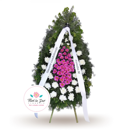 Coroane funerare Roman - Coroana din brad natural cu crizantema colorata