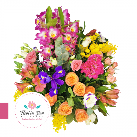 Aranjament cu dendrobium, mimosa, miniroze, Iris, alstroemeria, frezie florarie Roman [1]