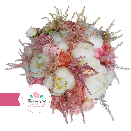 Buchet mireasa cu bujori, astilbe, miniroze, ozotamus [2]