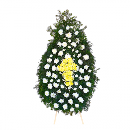 Coroane funerare Roman - Coroana funerara brad natural semnul crucii crizanteme