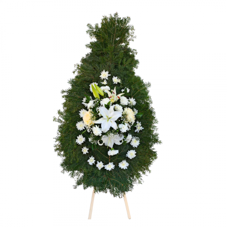 Coroane funerare Roman - Coroană Funerară din Brad Natural cu Crizanteme Garoafe Trandafiri Crini și Gipsofila