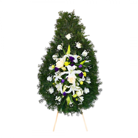 Coroane funerare Roman - Corona funerarabrad natural cu crini trandafiri garoafe