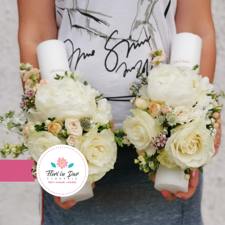 lumanari cununie cu bujori mathiola wax flowers trandafiri eustoma miniroze frezie [2]