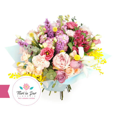 Buchete - Buchet trandafir, eustoma, liathris,  eucalipt, mimosa, dianthus, craspedia,  alstroemeria