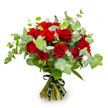 Flori de Sf Valentin - Buchet trandafiri rosii si eucalipt