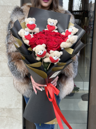 Buchet 13 trandafiri rosii si ursuleti [2]