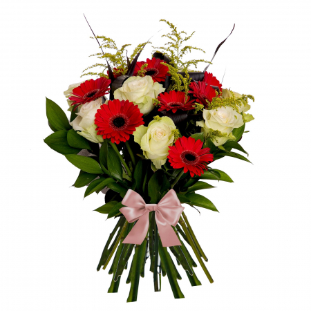 Buchete de flori - Buchet de trandafiri si gerbera rosie