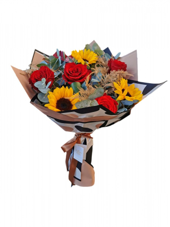 Flori de Sf Valentin - Trandafiri rosii si Floare soarelui