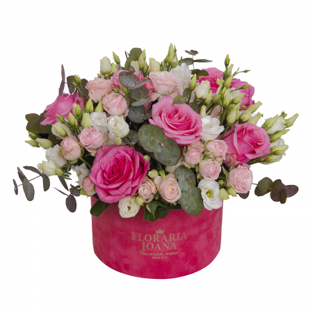 Aranjamente florale in cutii - Cutie cu trandafiri roz si eustoma