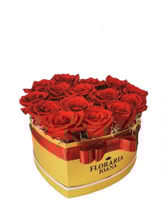 Flori de Sf Valentin - Cutie gold 15 trandafiri rosii