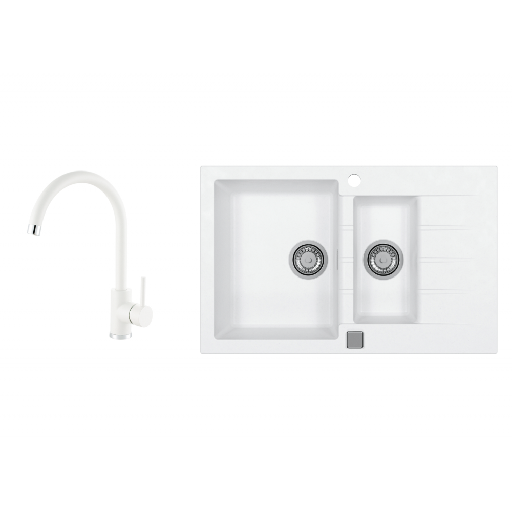Set chiuveta bucatarie compozit cadit 70 alba si baterie bucatarie kati alba