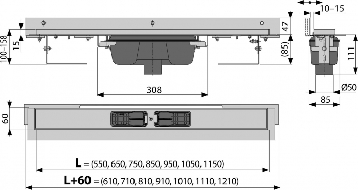 Rigola dus faiantabila cu margine ajustabila si iesire verticala 1150 mm Alcadrain Flexible APZ1004-1150 [2]