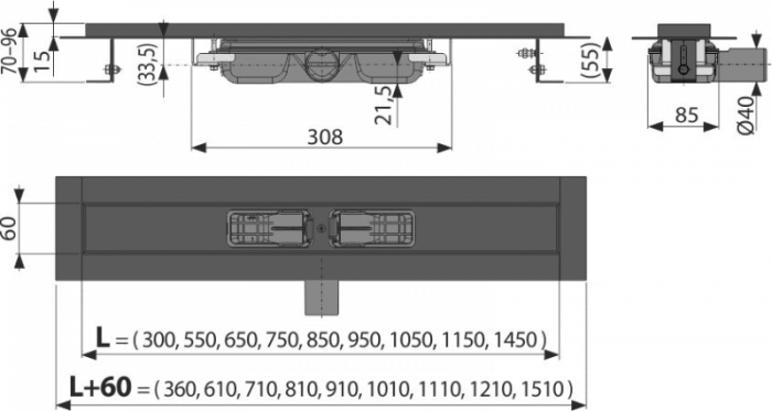 Rigola dus faiantabila neagra, iesire laterala 1450 mm Alcadrain APZ101BLACK-1450 [2]
