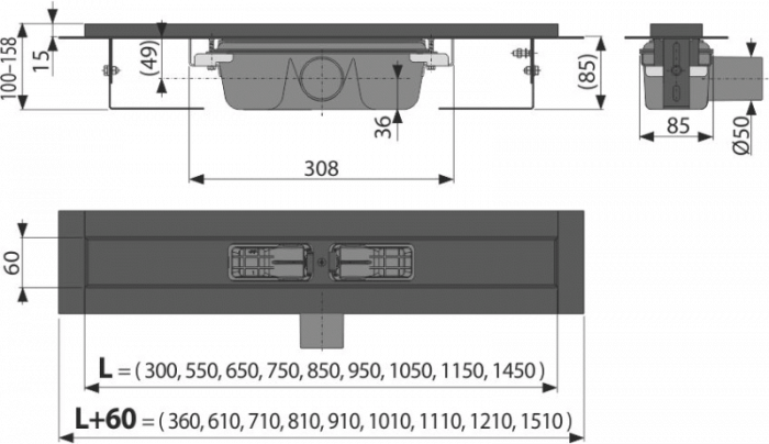 Rigola dus faiantabila neagra, iesire laterala 1450 mm Alcadrain APZ1BLACK-1450 [2]