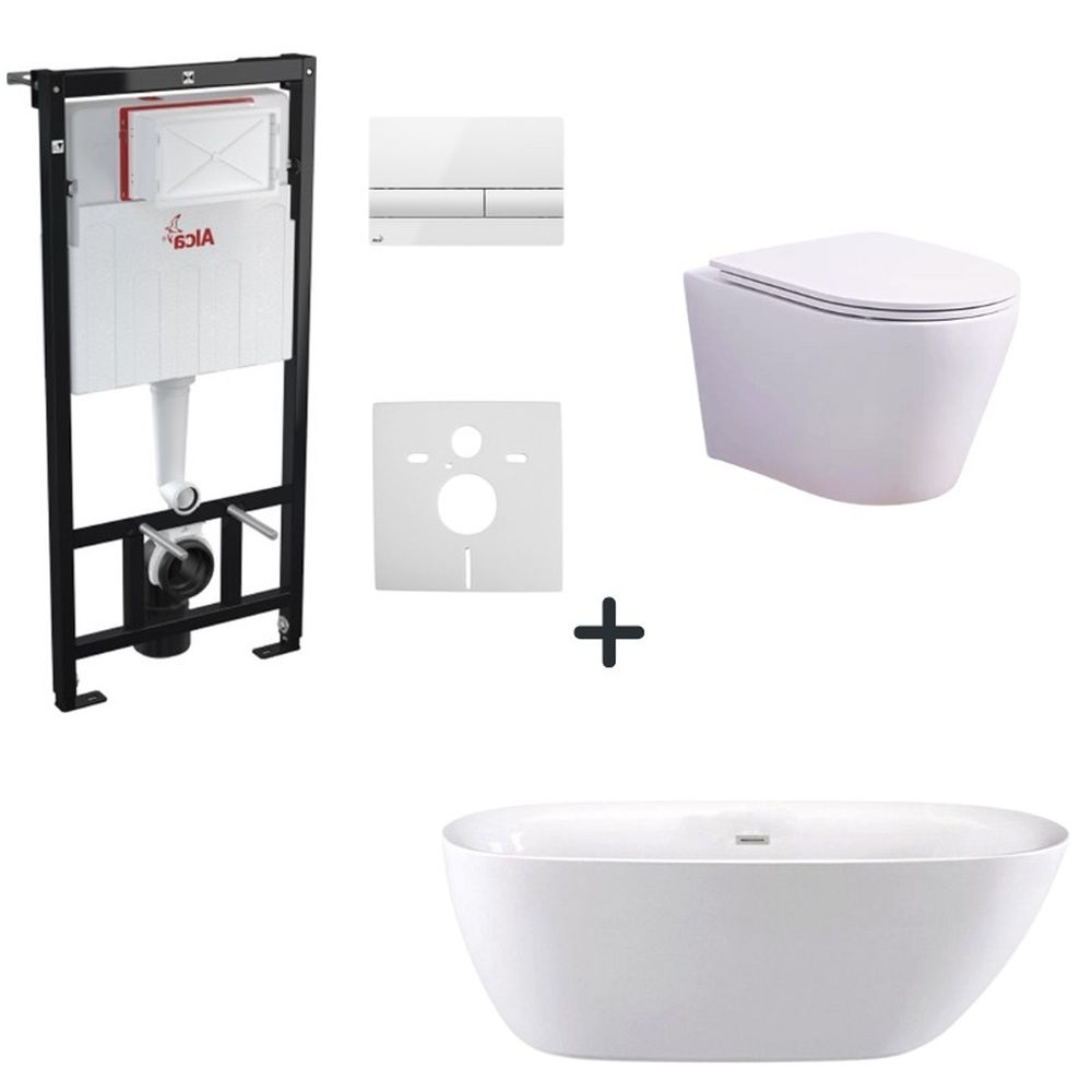 Set Cada Baie Freestanding Ovala Plus Vas Wc Rimless Suspendat Cu Capac Soft Close, Rezervor Wc Incastrat Si Clapeta Alba Cu Izolare Fonica