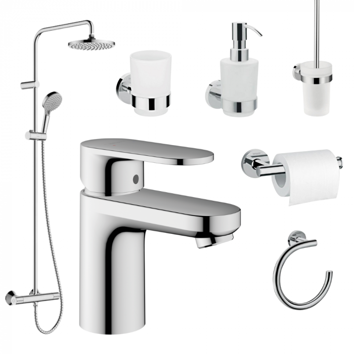 Set Coloana Dus Si Baterie Lavoar Hansgrohe Vernis Blend Si Accesorii Baie Hansgrohe Logis, Crom